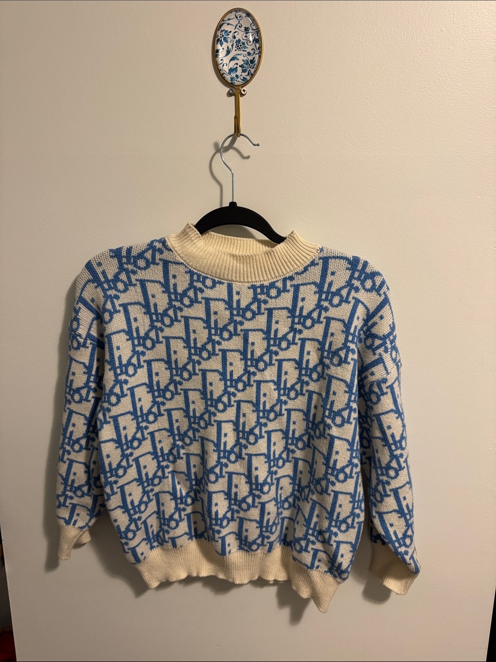 Cream & Blue Geometric Crew Neck Sweater